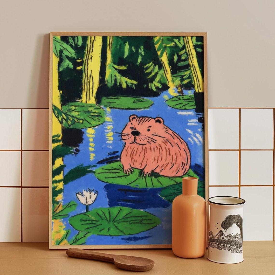 Chubby Pink Beaver Resting On A Lily Pad In A Forest Pond Poster