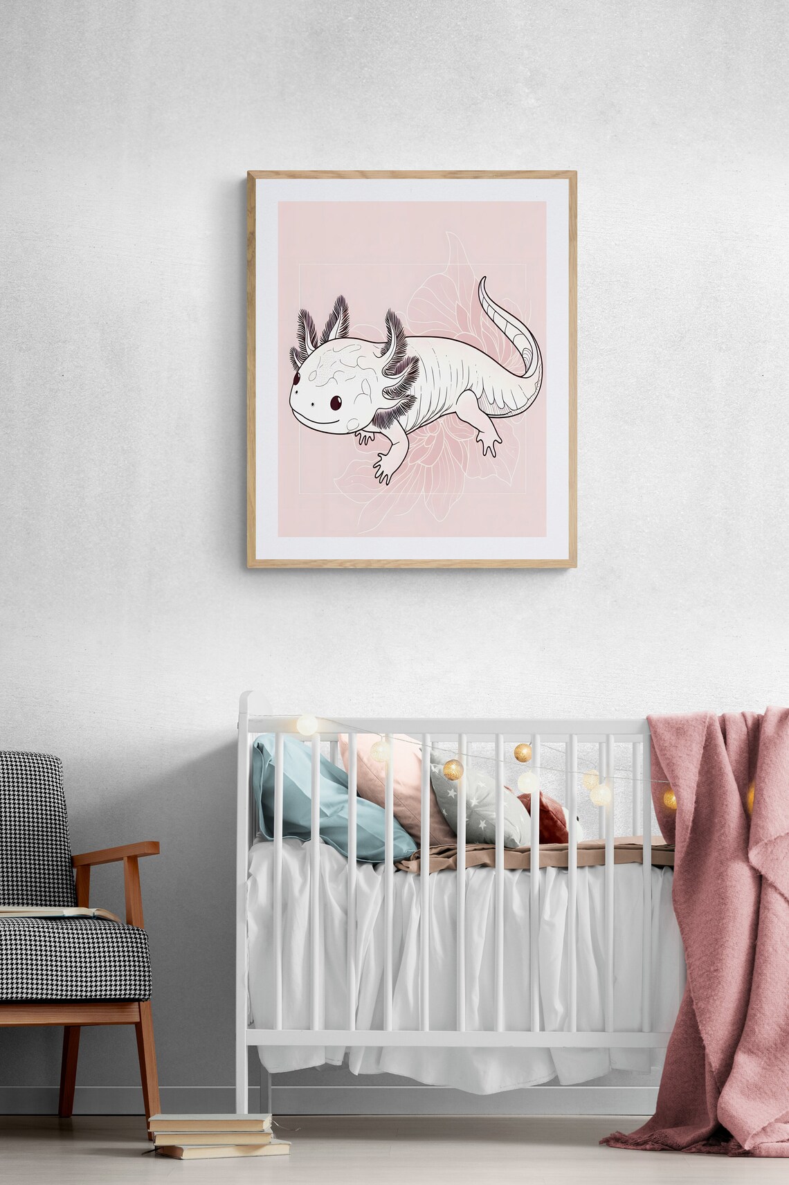 Axolotl Line Art Pink Minimalist Cute Nursery Animal Wall Decor Poster - Image 2