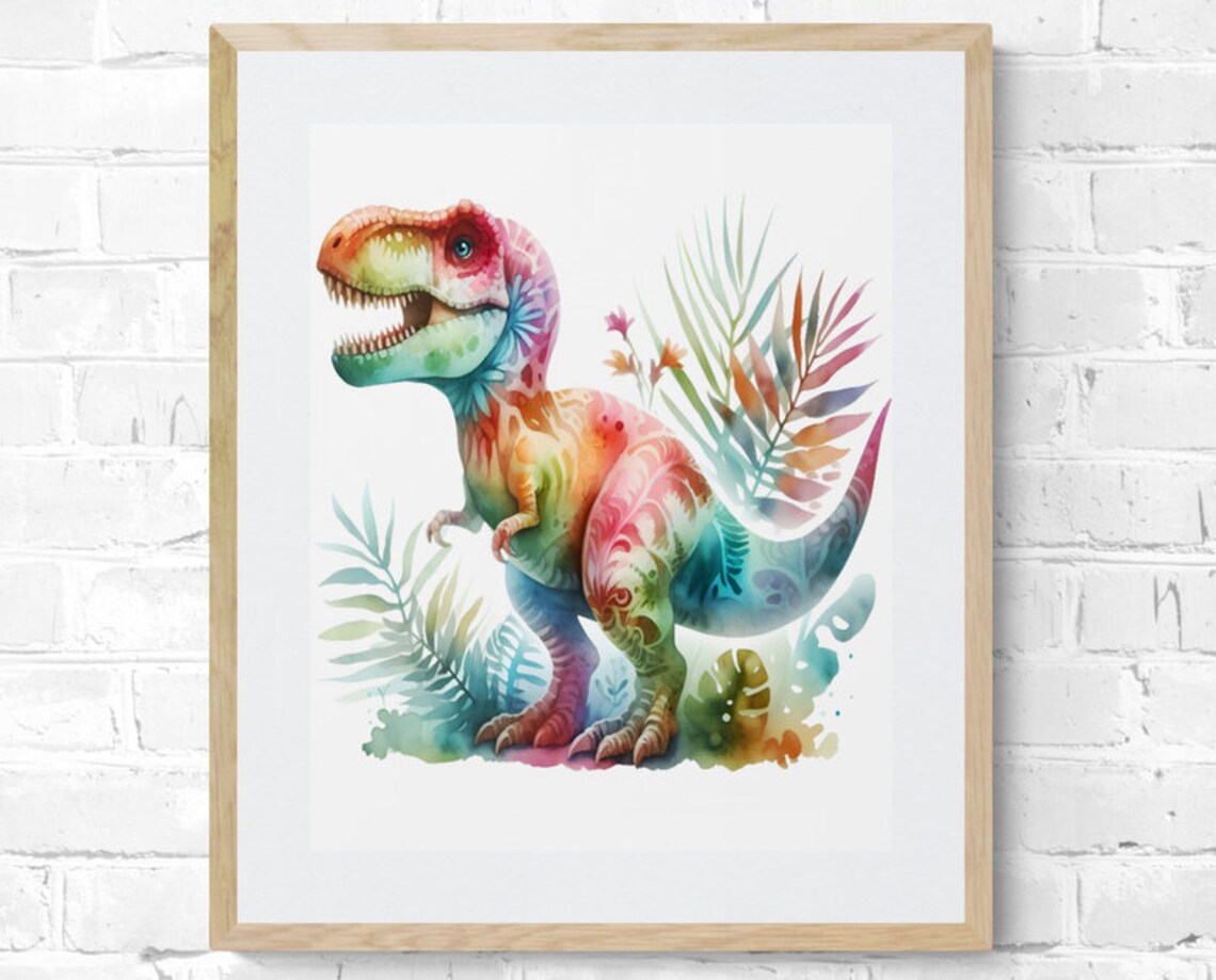 Rainbow T Rex Watercolor Colorful Dinosaur Nursery Decor Poster