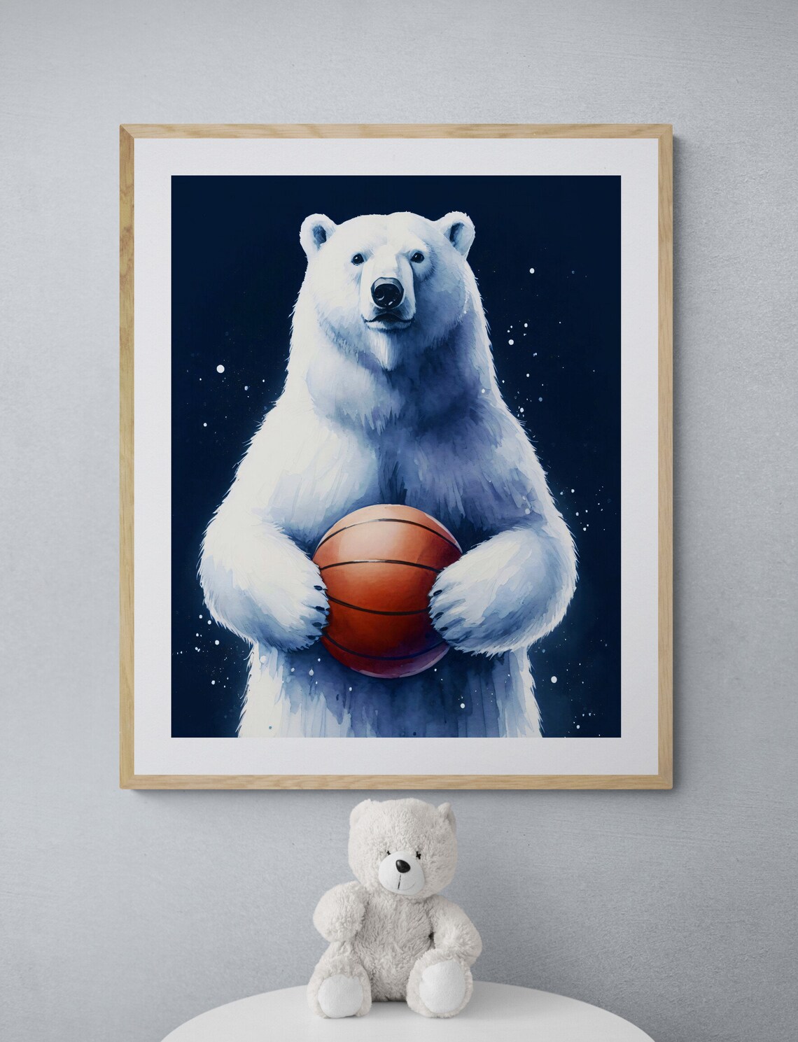 Polar Bear Holding Basketball Cute Watercolor Nursery Animal Wall Art - Image 4