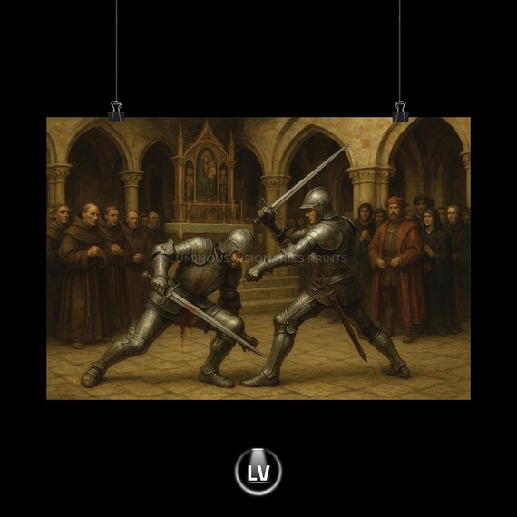 Medieval Knight Sword Duel Historical Cathedral Oil Painting Poster