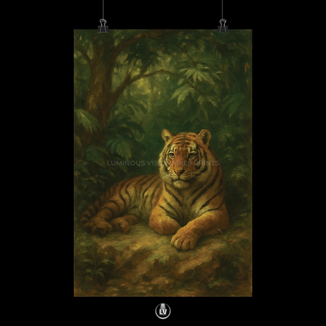 Tiger Resting in Lush Jungle Vintage Wildlife Oil Painting Poster