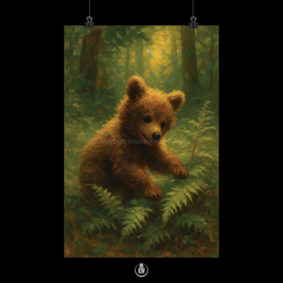 Cute Brown Bear Cub Forest Ferns Wildlife Painting Art Poster