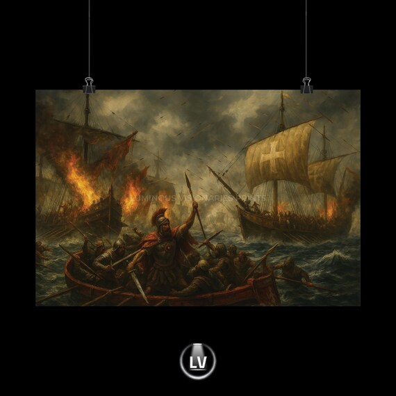 Age of Crusades Epic Sea Battle Poster Burning Ships Medieval Naval Art