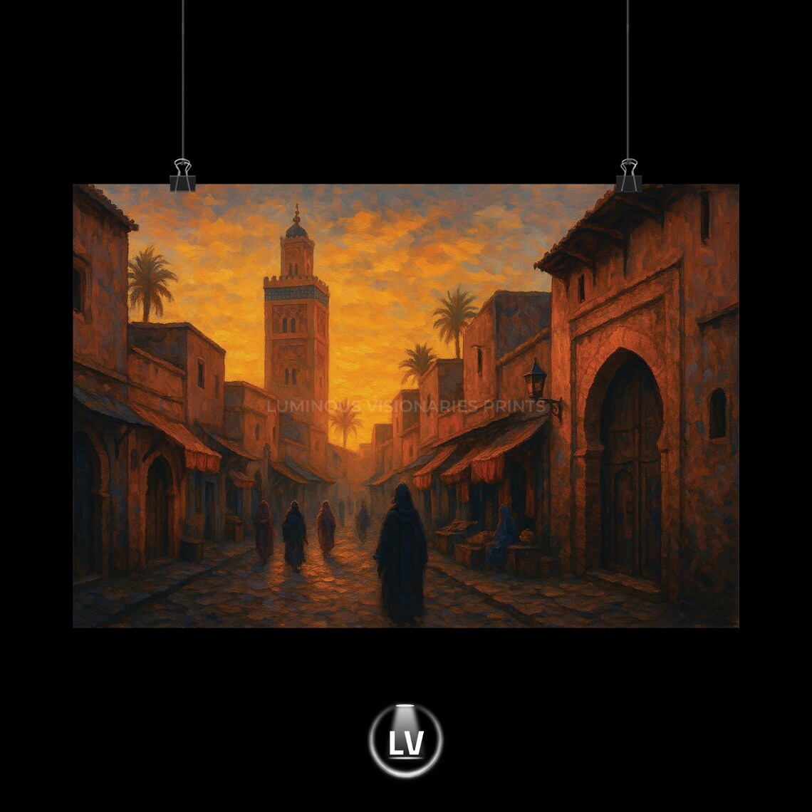 Moroccan Medina Street at Sunset Arabian Minaret Oil Painting Poster