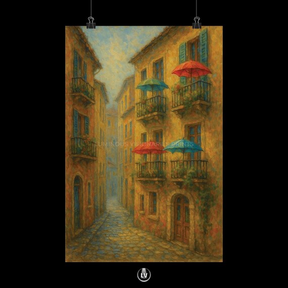 Italian Cobblestone Alley Umbrellas Flower Balconies Oil Art Poster