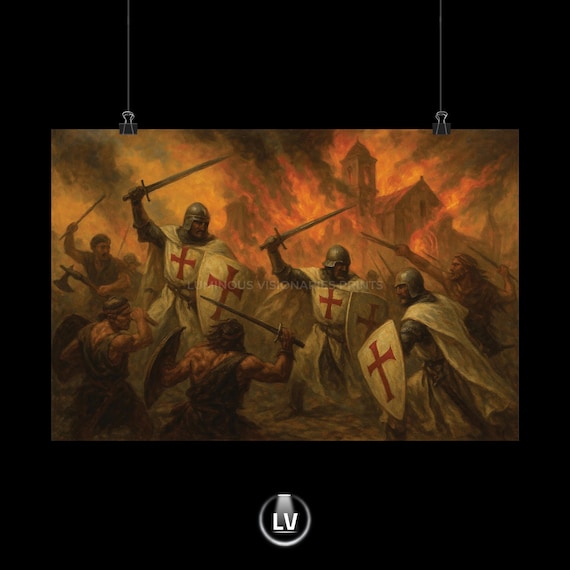 Crusader Knights Red Cross Shields Burning Village Battle Poster