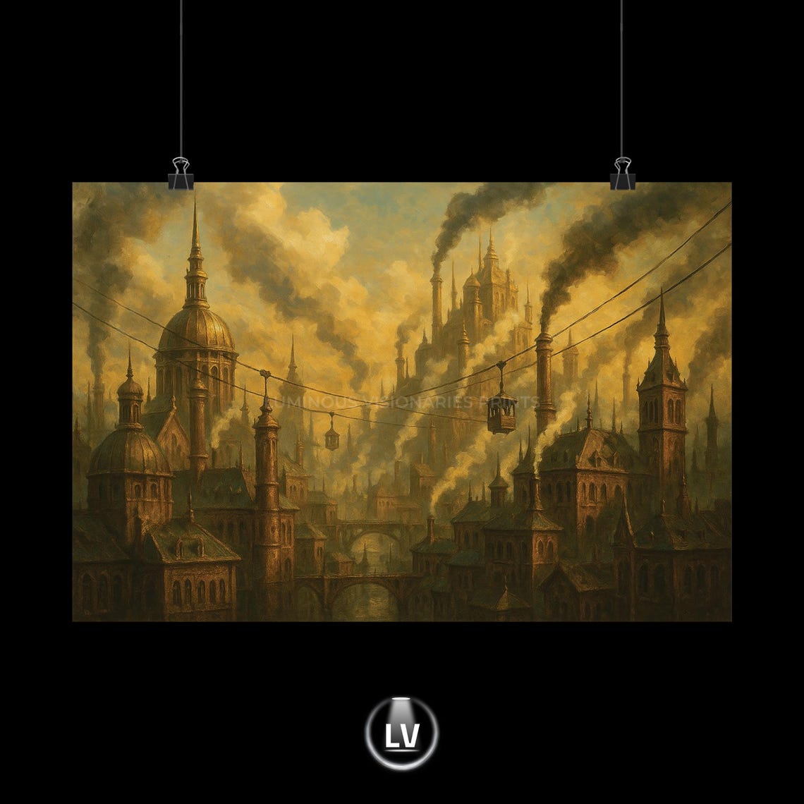 Steampunk Industrial City Smokestacks Cable Cars Fantasy Art Poster
