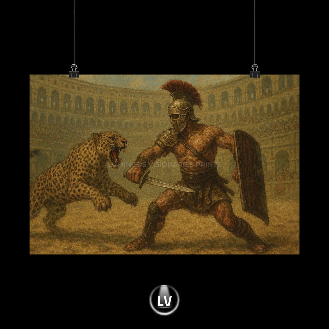 Gladiator vs Leopard Roman Coliseum Battle Poster Vintage Warrior Art