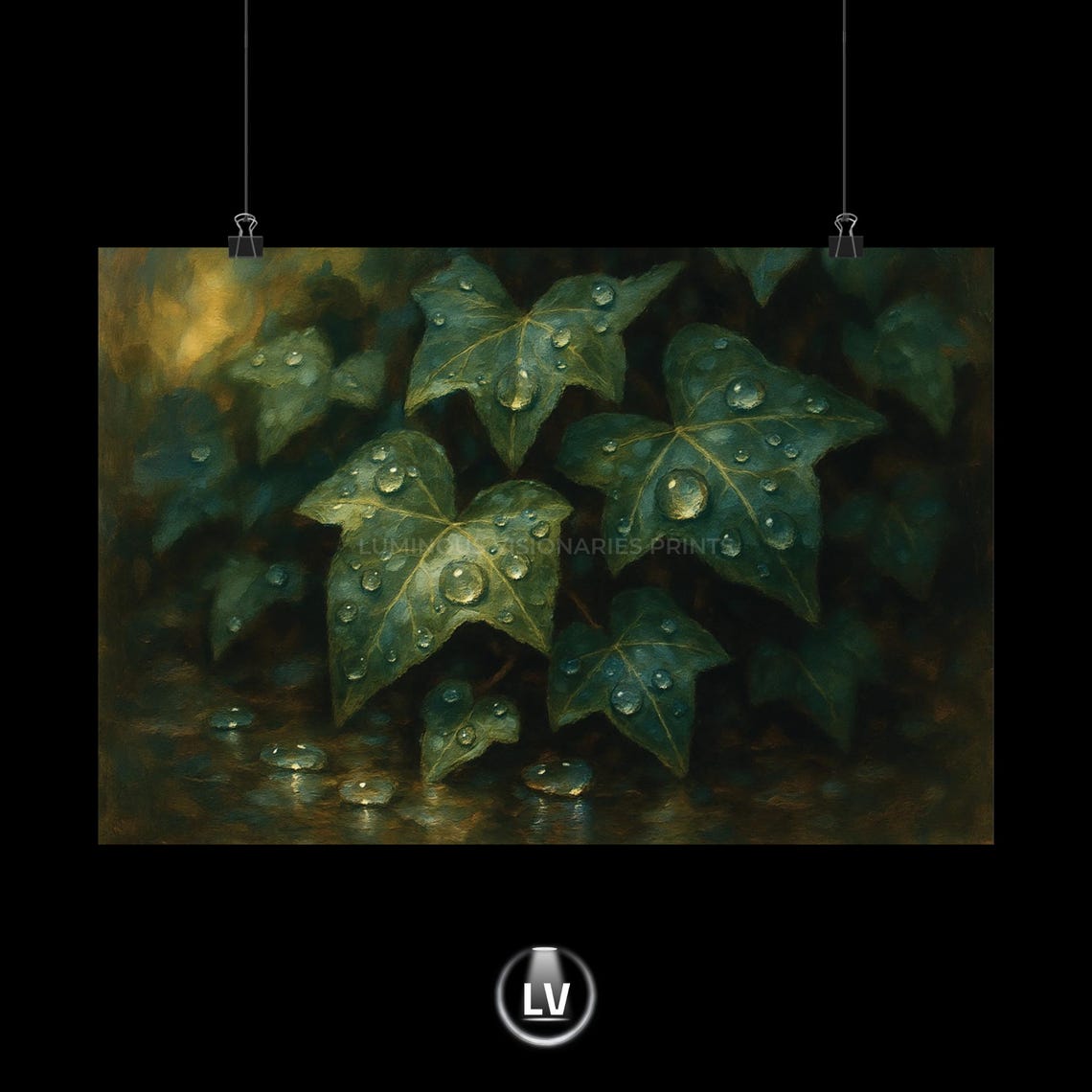 Rainy Ivy Leaves Water Droplets Moody Botanical Oil Painting Poster
