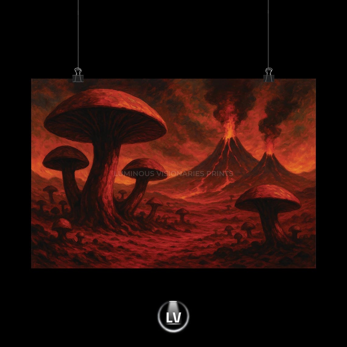Volcanic Lava Landscape Giant Red Mushrooms Fantasy Horror Art Poster