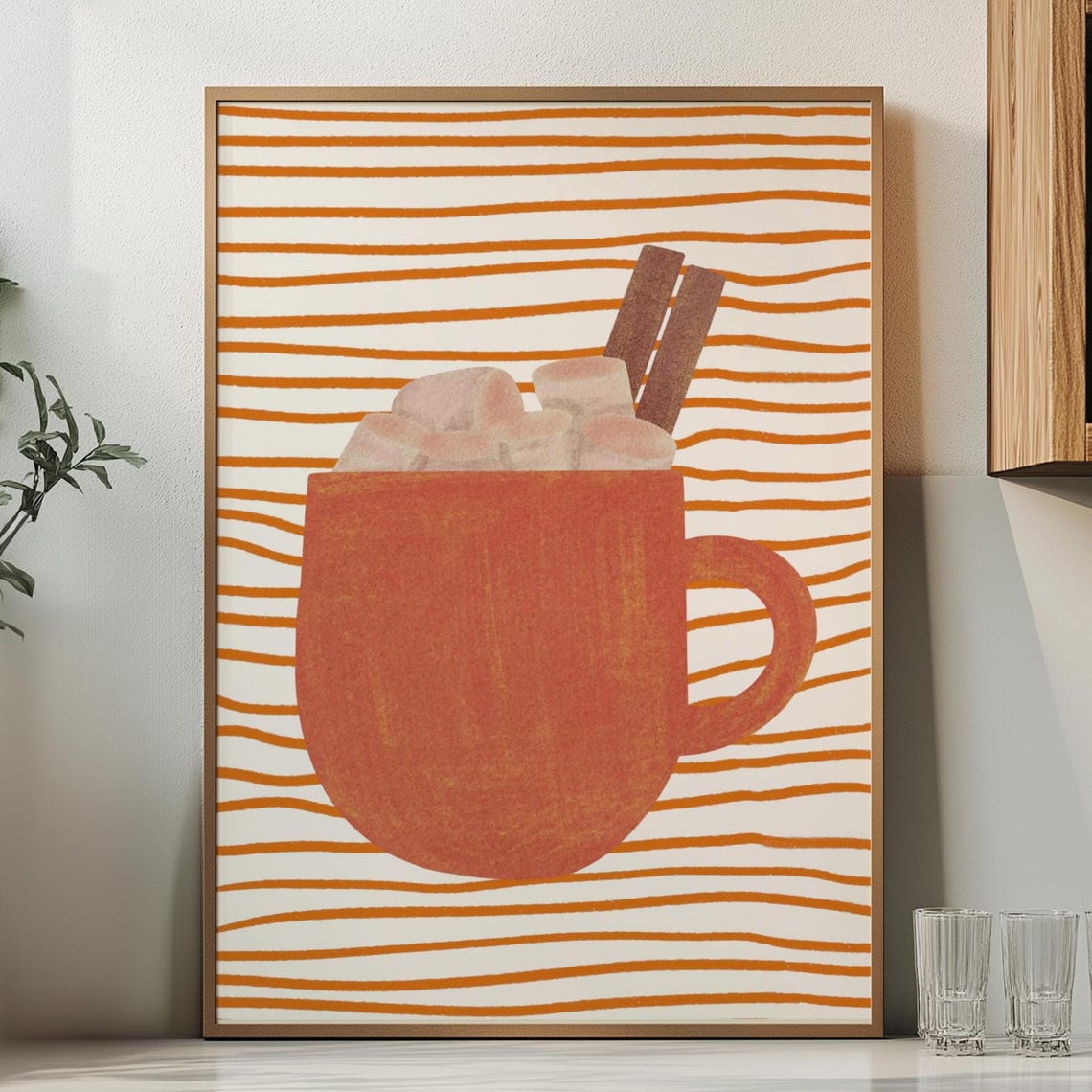 Hot Cocoa Mug Marshmallows Striped Background Cozy Fall Poster