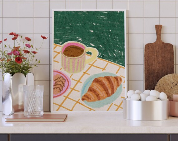 Coffee And Croissant Colorful Kitchen Art Print