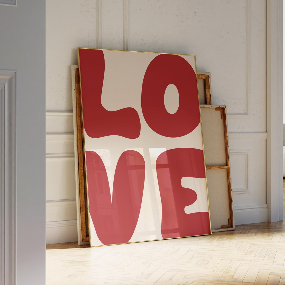 Retro Red LOVE Typography Bold 70s Maximalist Cream Room Wall Art