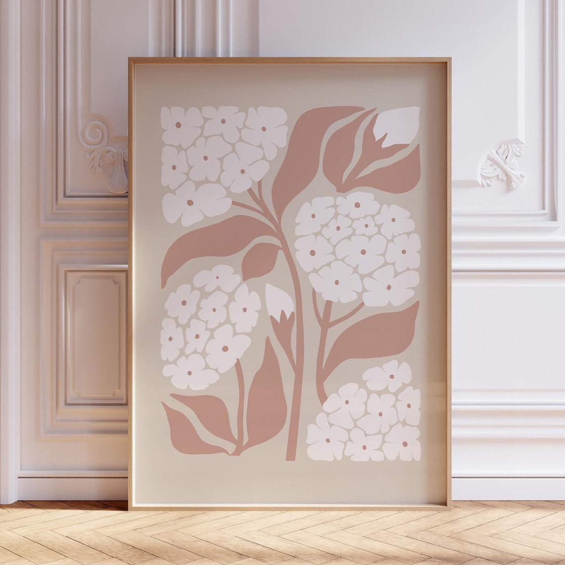Blush Hydrangea Botanical Flower Stems Taupe Leaves Art Poster