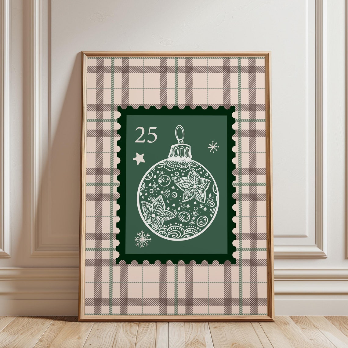 Christmas Ornament Postage Stamp On Green Plaid Holiday Poster