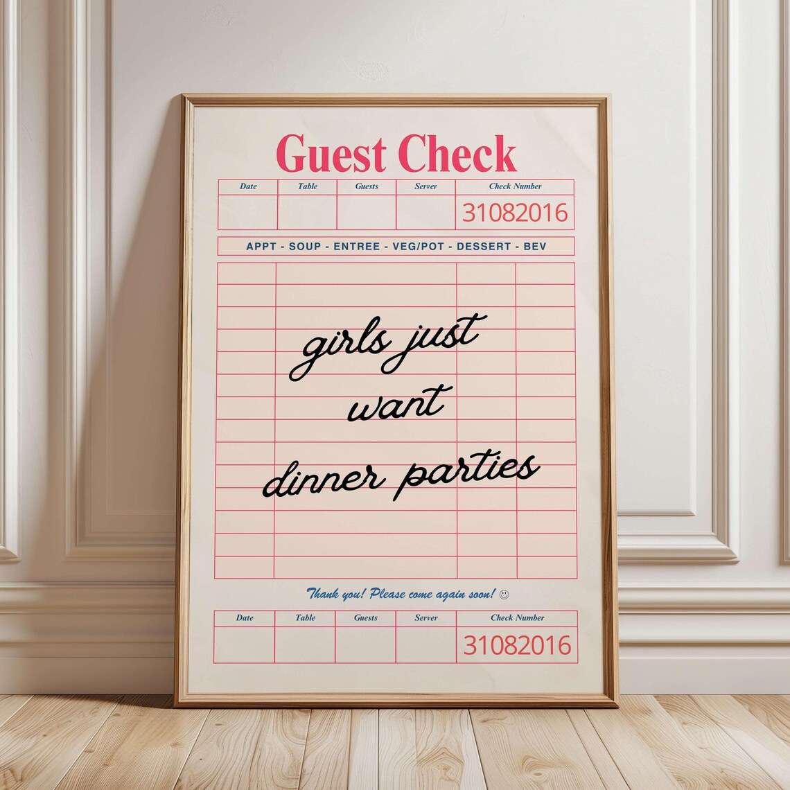 Girls Just Want Dinner Parties Guest Check Retro Quote Poster