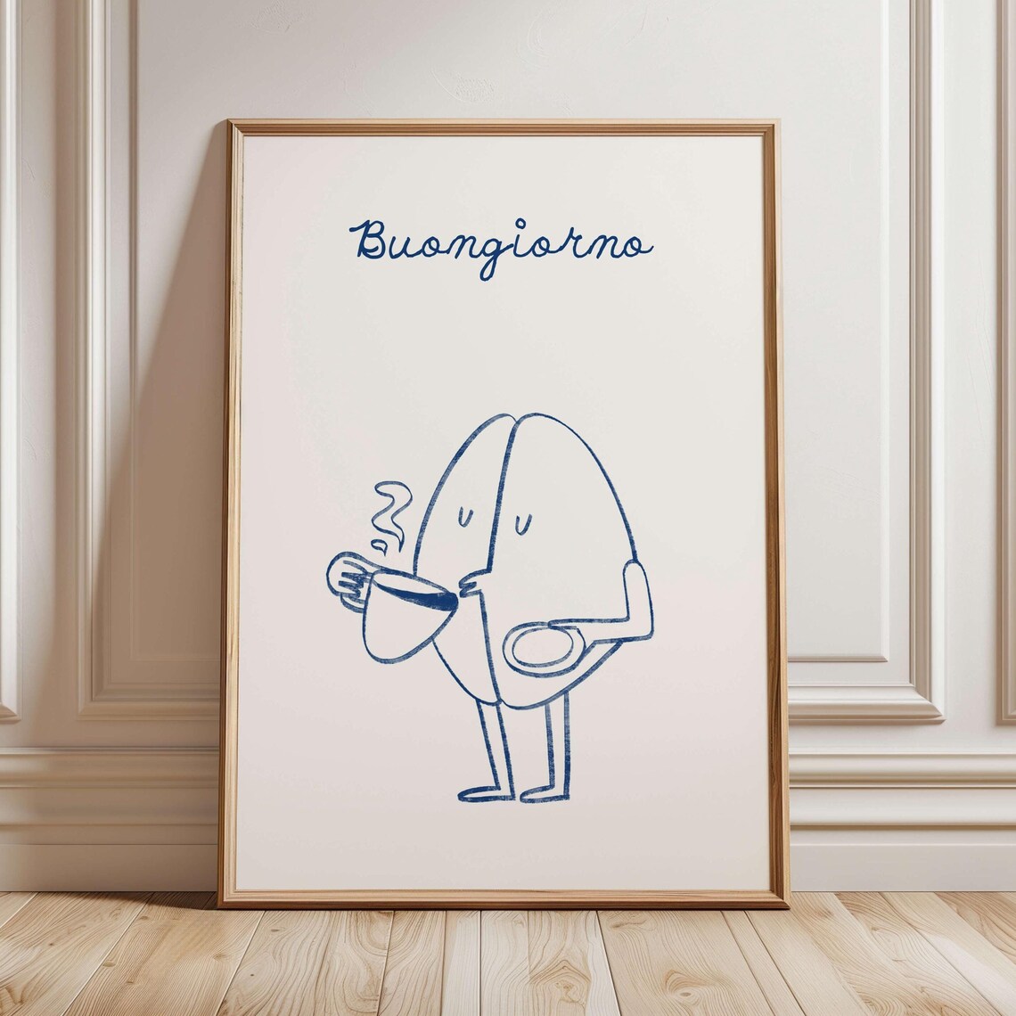 Hand Drawn Blue Coffee Print, Retro Neutral Decor