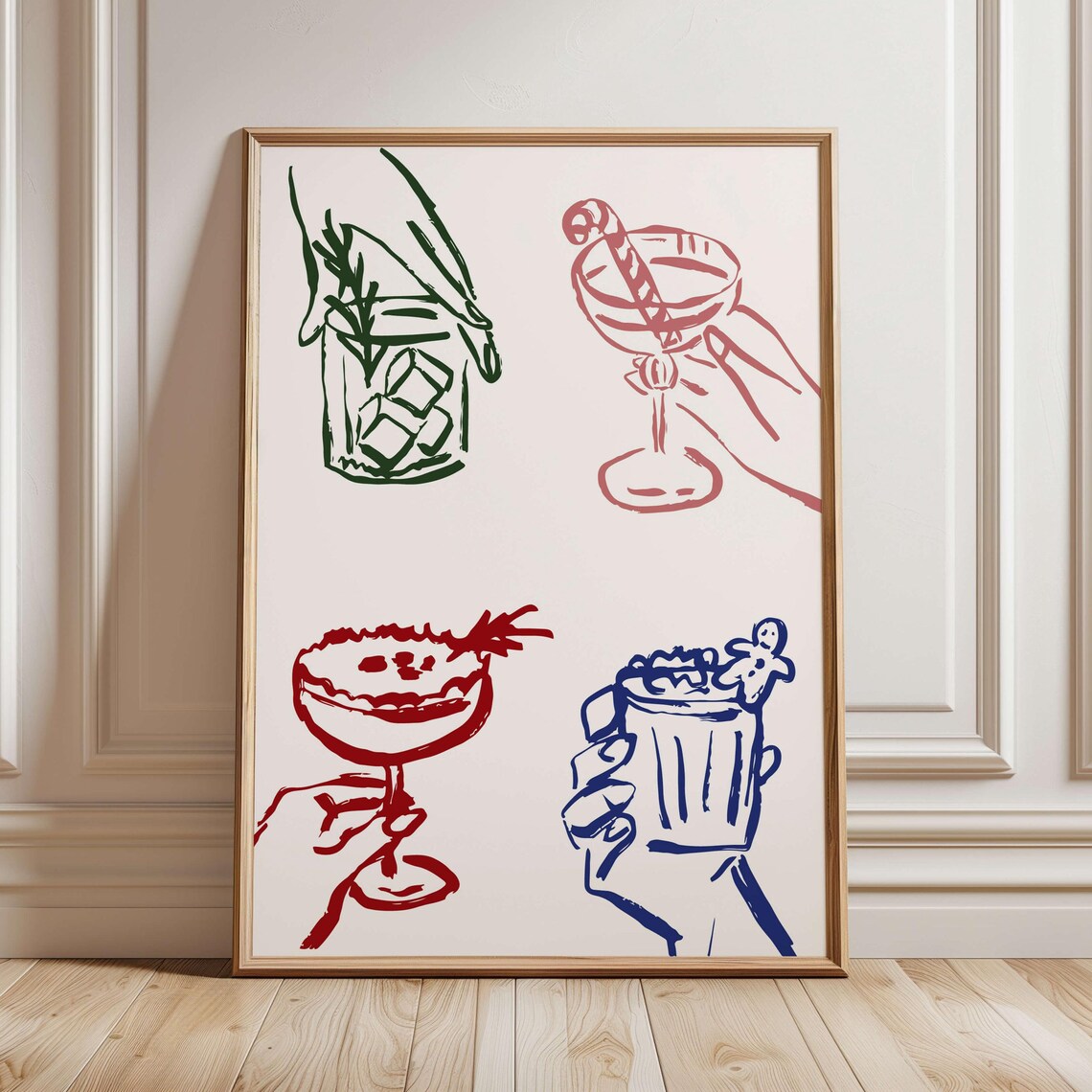 Christmas Cocktails Line Art In Green Red Holiday Bar Decor Poster