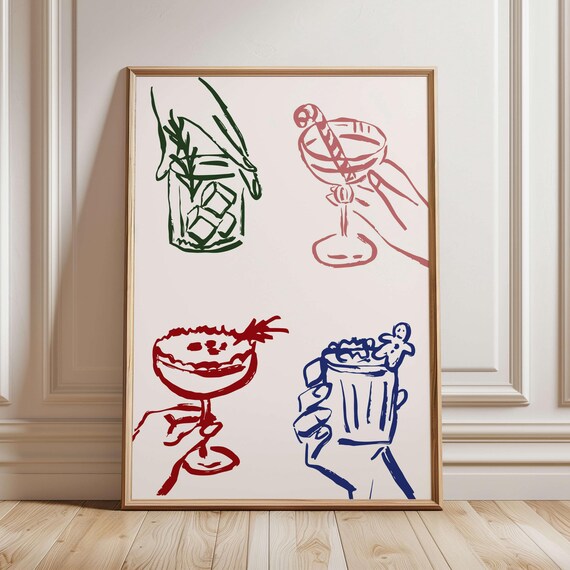 Christmas Cocktails Line Art In Green Red Holiday Bar Decor Poster