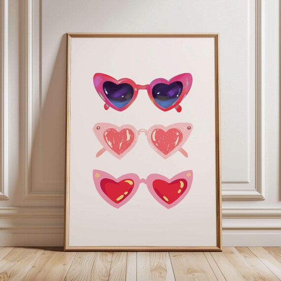 Heart Sunglasses Print Trendy Dorm Room Poster Pink Girly Wall Colorful Preppy Art Girl Apartment Decor