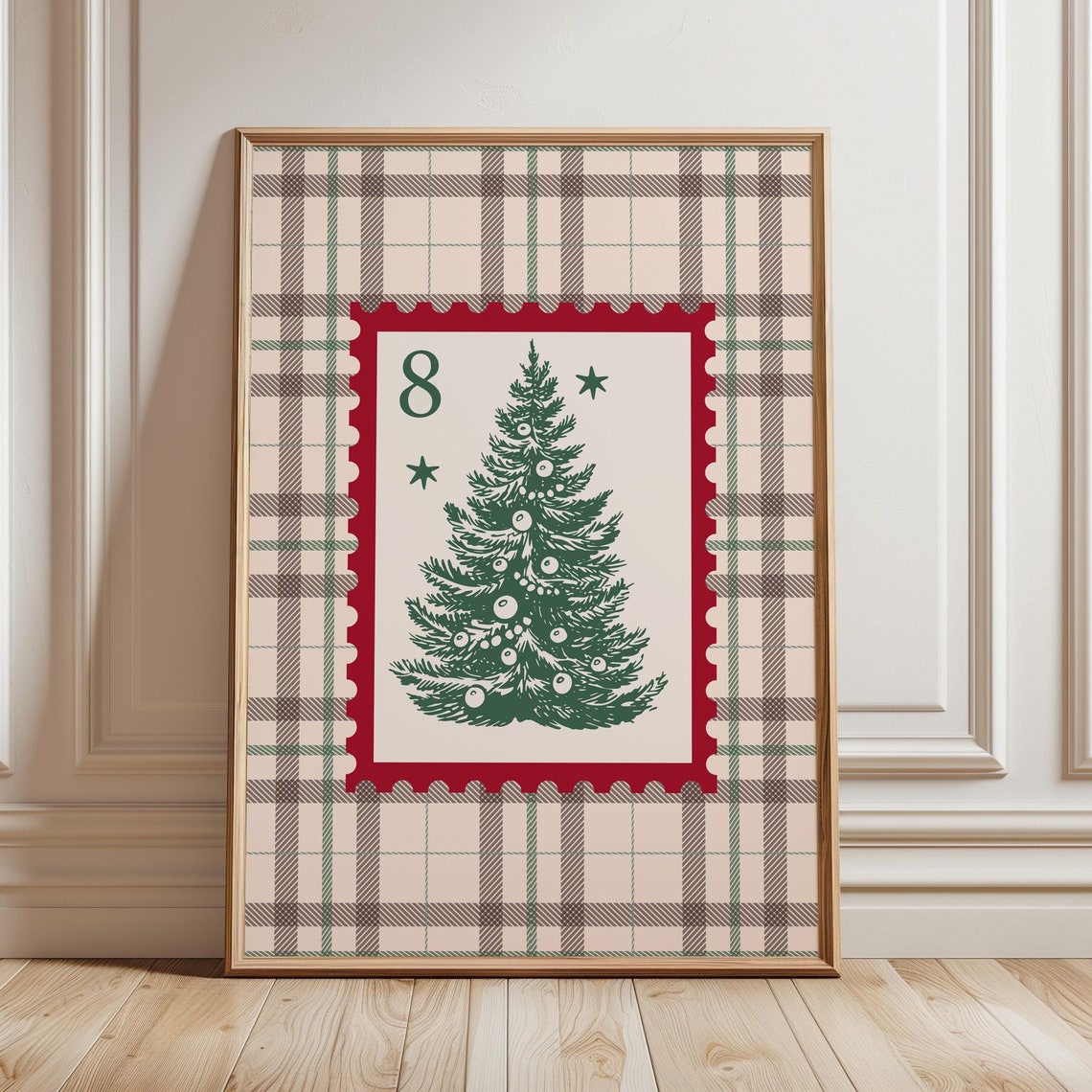 Christmas Tree Postage Stamp Plaid Background Holiday Poster