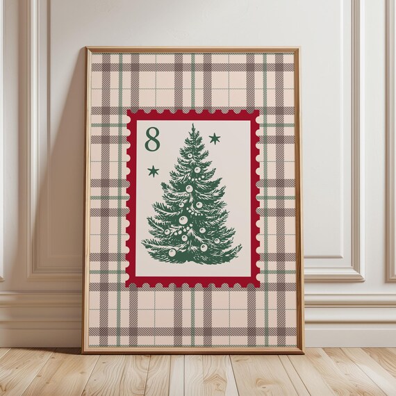 Christmas Tree Postage Stamp Plaid Background Holiday Poster