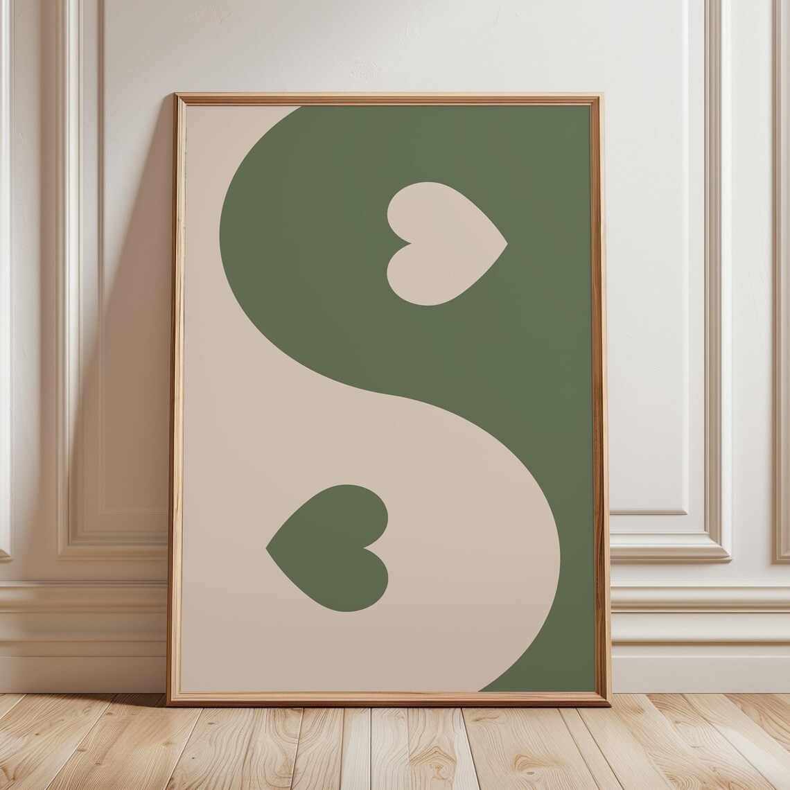 Yin Yang Heart Sage Green Cream Abstract Minimalist Wall Art