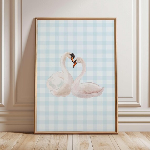 Gingham Swan Watercolor Print Romantic Wall Art Girls Bedroom Prints Pastel Blue Nursery Cottage Decor