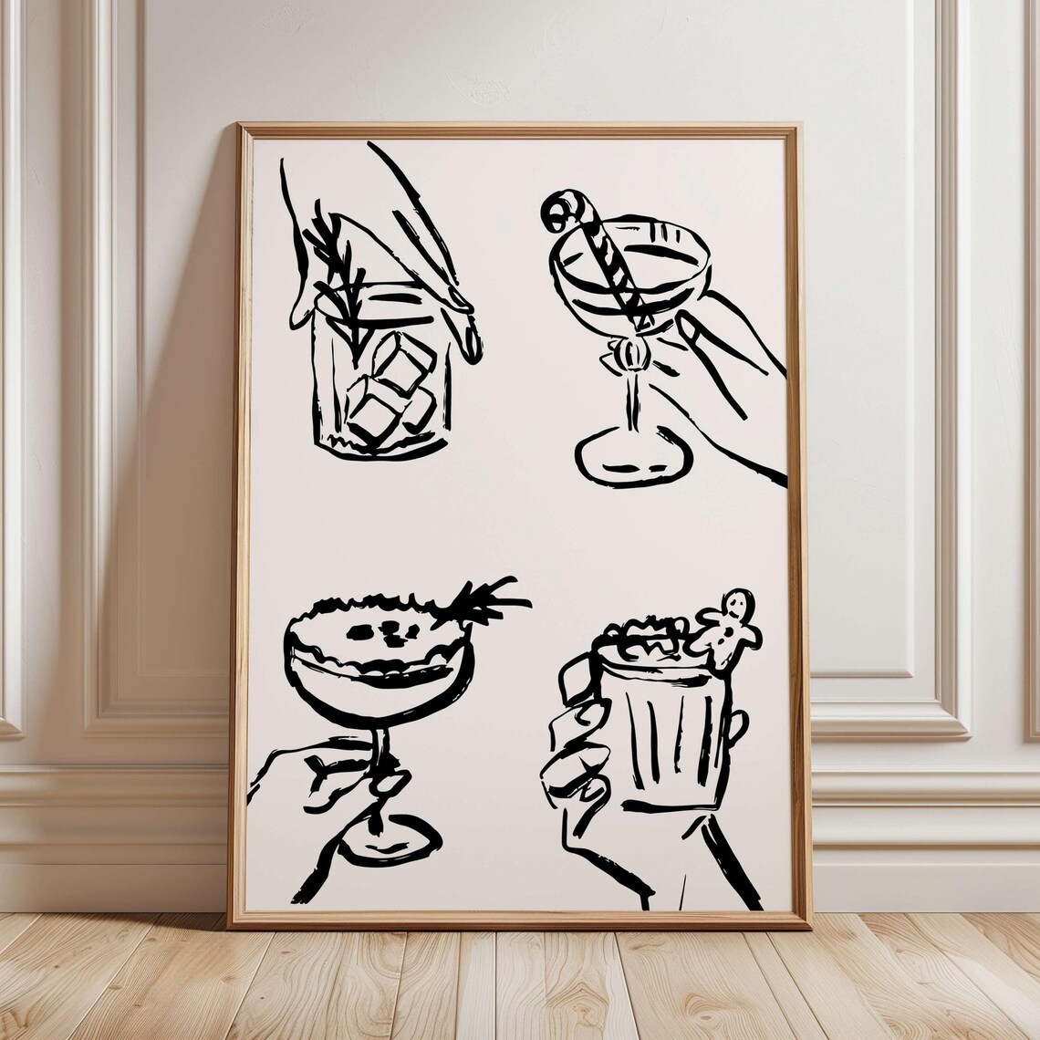 Christmas Bar Cart Cocktail Sketches Black Line Art Holiday Poster