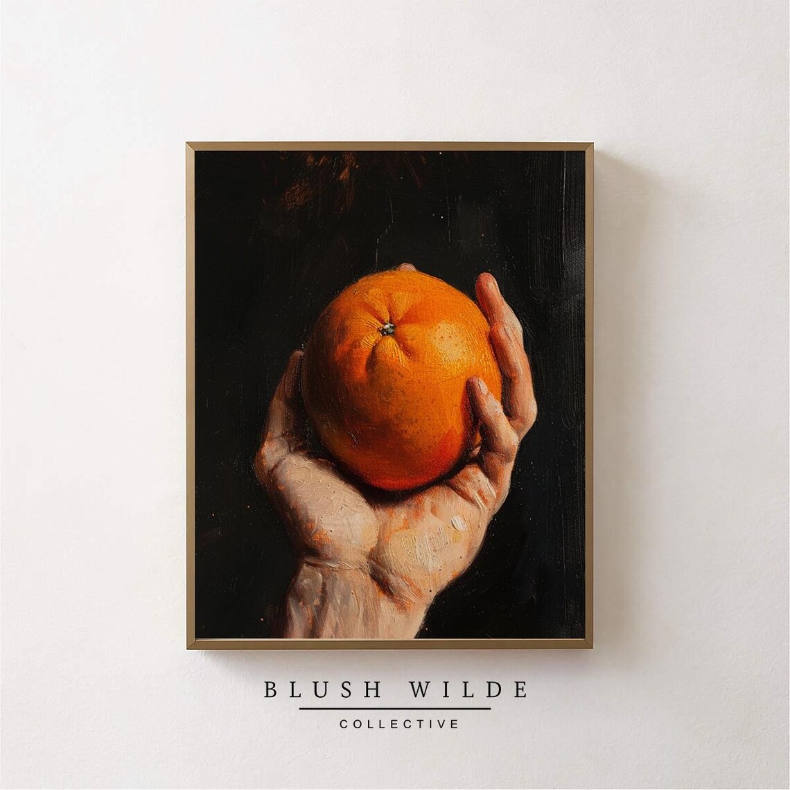 Hand Holding Single Orange Classical Oil Still Life Art Poster