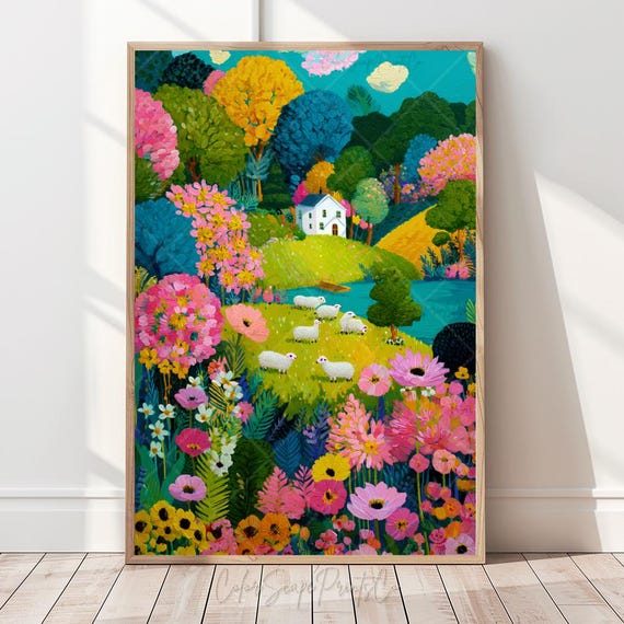 Colorful Mountain Landscape Print Hillside Cottage Garden Spring Summer Art Whimsical Forest Vibrant Countryside Decor
