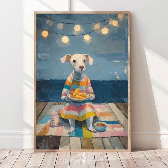 Cute Dog With Fish And Chips On Seaside Pier Print In Striped Dress Funny Quirky Whimsical Animal Art Coastal Wall Decor