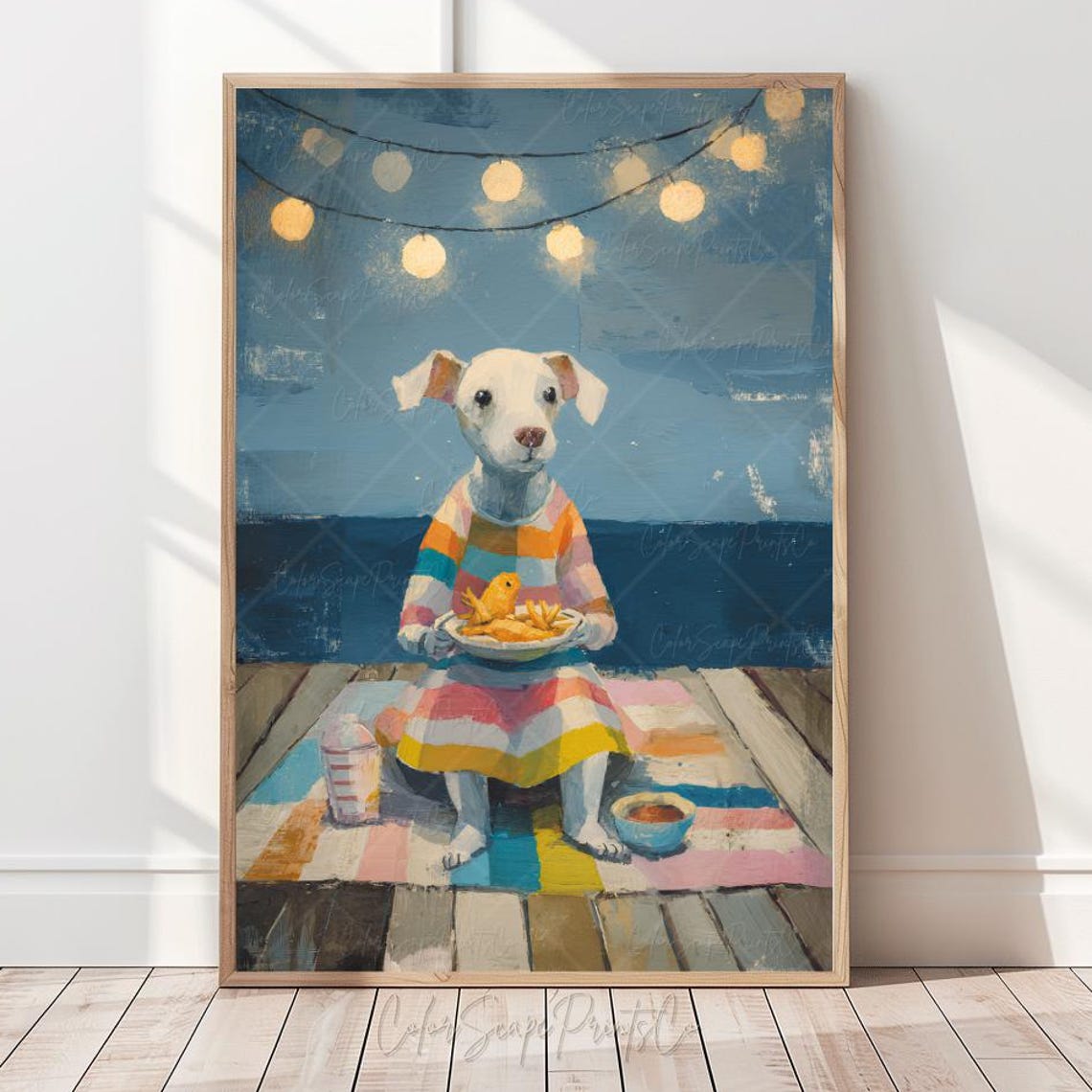 Funny Puppy Fish and Chips Seaside Pier Night Cute Animal Art Poster