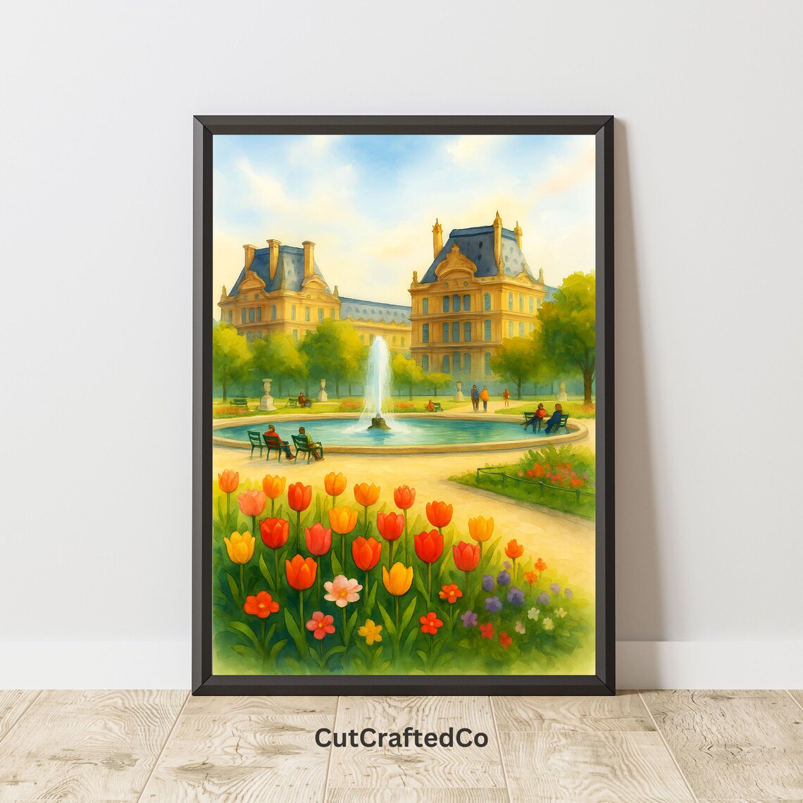 Paris Garden Wall Art Watercolor Louvre Fountain Tulips Print Romantic France European Travel Decor