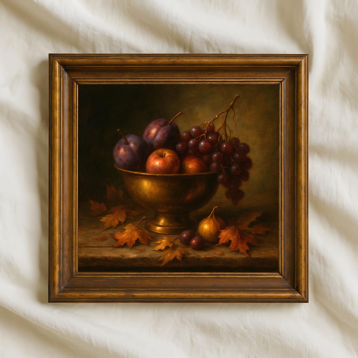 Autumn Still Life Oil Painting Rustic Fruit Bowl Wall Art Grapes Apples Vintage Fall Kitchen Decor