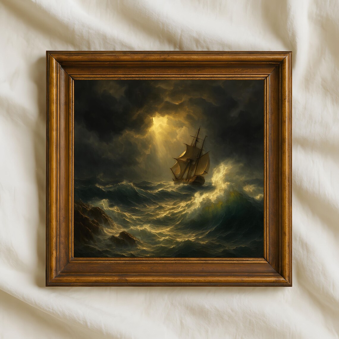 Stormy Sea Ship Oil Painting, Nautical Ocean Art Print