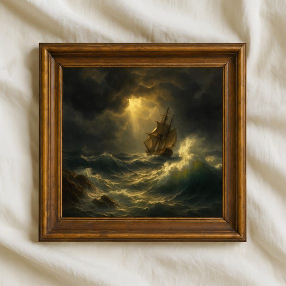 Stormy Sea Ship Oil Painting, Nautical Ocean Art Print
