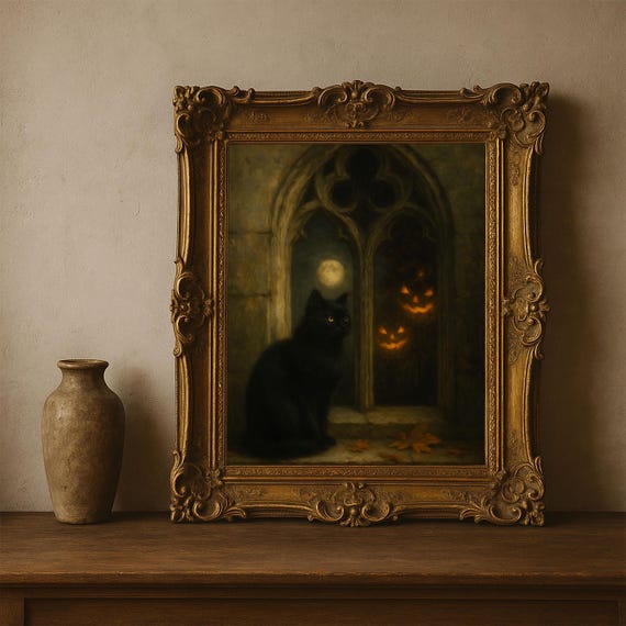 Black Cat Gothic Halloween Wall Art Haunted Oil Painting Spooky Moonlight Decor With Pumpkins