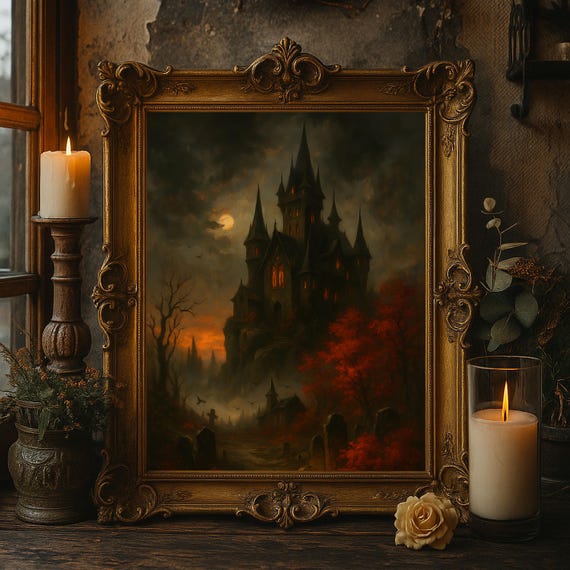 Halloween Castle Wall Art Creepy Graveyard Print Spooky Haunted Mansion Decor