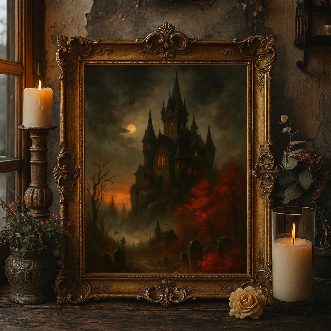 Spooky Haunted Castle Moonlit Graveyard Vintage Halloween Poster
