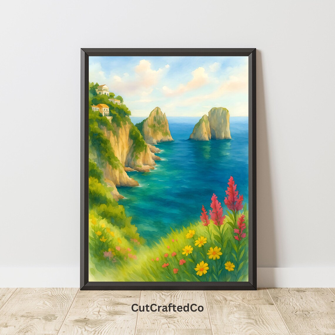 Capri Faraglioni Rocks Watercolor Italian Coast Sea Cliff Art Poster