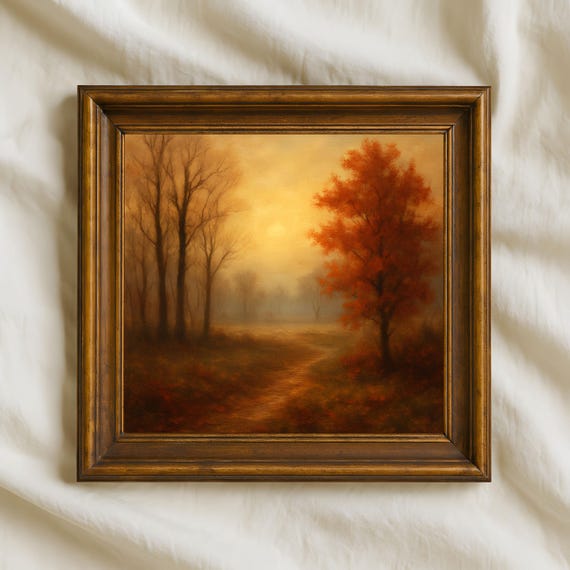 Golden Autumn Path Oil Painting Misty Fall Landscape Wall Art Rustic Countryside Print Vintage For Cozy Home Dcor