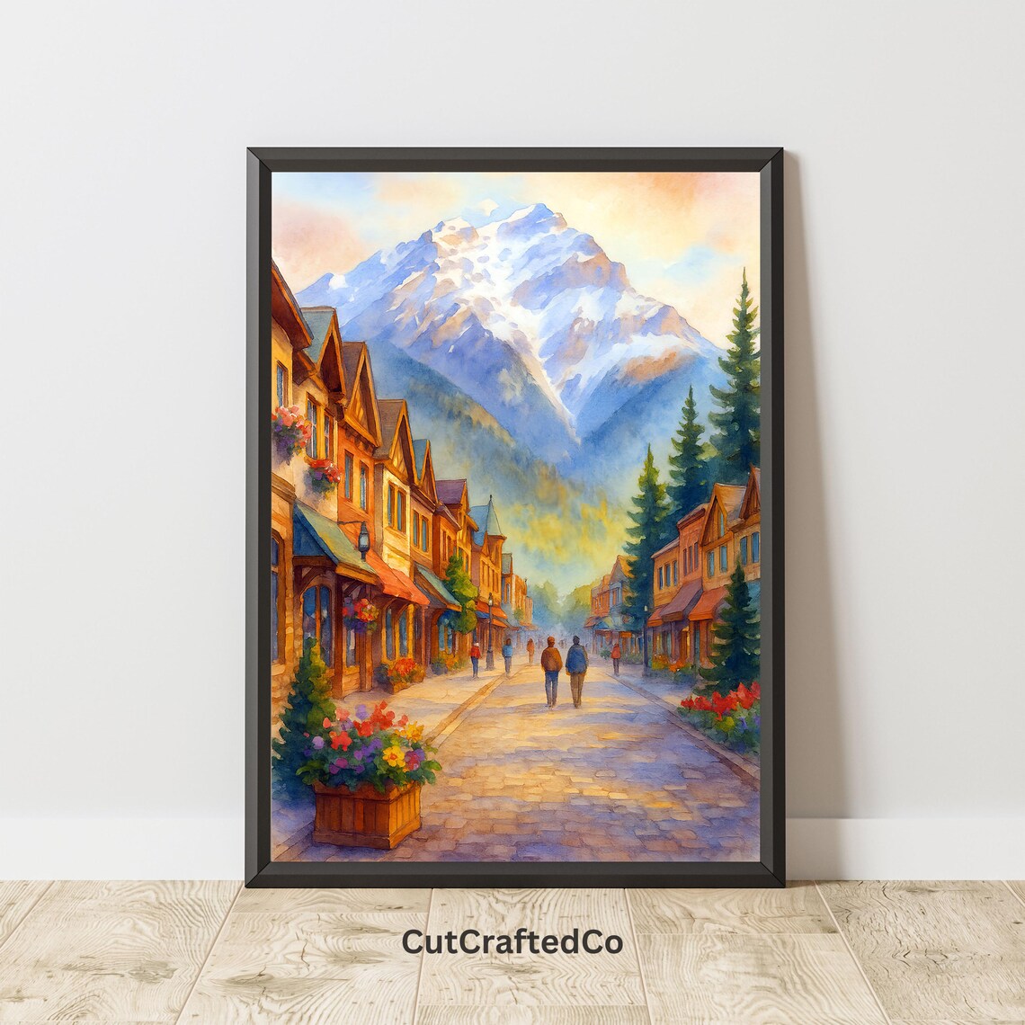 Banff Avenue Mountain Town Street Snowy Peak Watercolor Poster