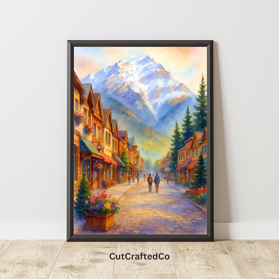 Banff Avenue Mountain Town Street Snowy Peak Watercolor Poster