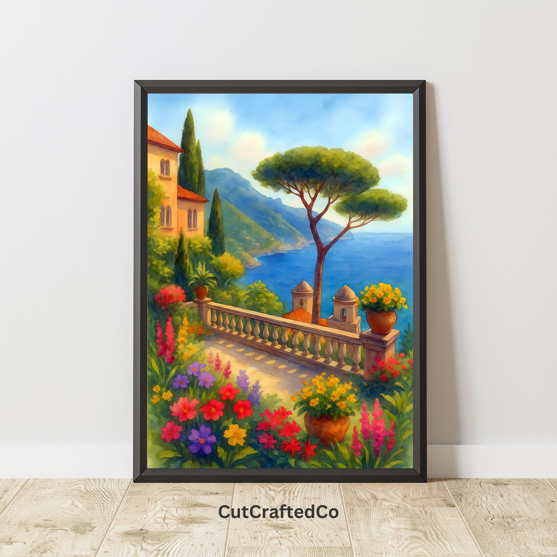 Amalfi Coast Villa Terrace Garden Sea View Ravello Watercolor Poster