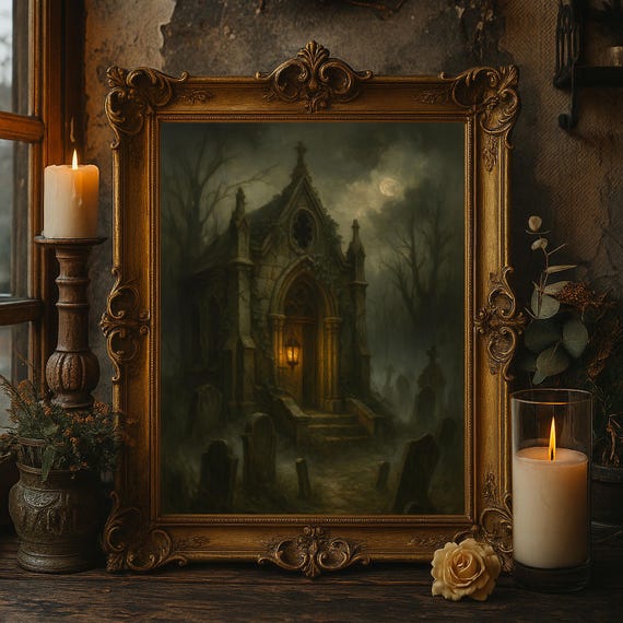 Halloween Wall Decor Gothic Crypt Art Haunted Graveyard Oil Painting Spooky Artwork