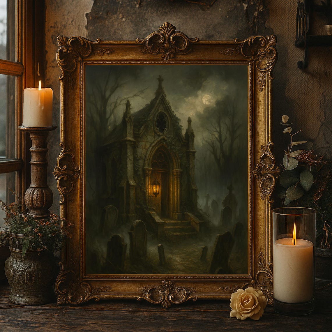 Halloween Wall Decor Gothic Crypt Art Haunted Graveyard Oil Painting Spooky Artwork