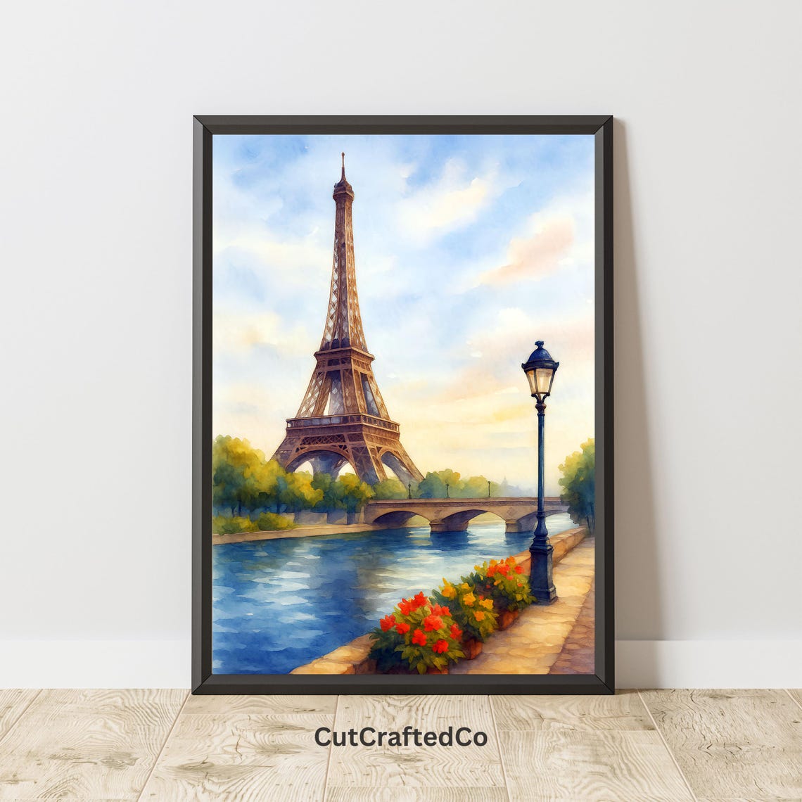 Eiffel Tower Paris Seine River Bridge Watercolor Summer Morning Poster