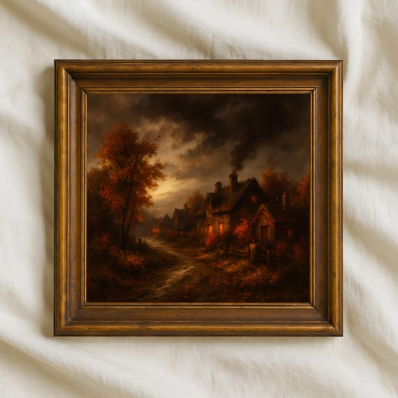 Autumn Village Lane Oil Painting Cozy Fall Cottage Wall Art Print Square Rustic Countryside Artwork For Seasonal Home Decor